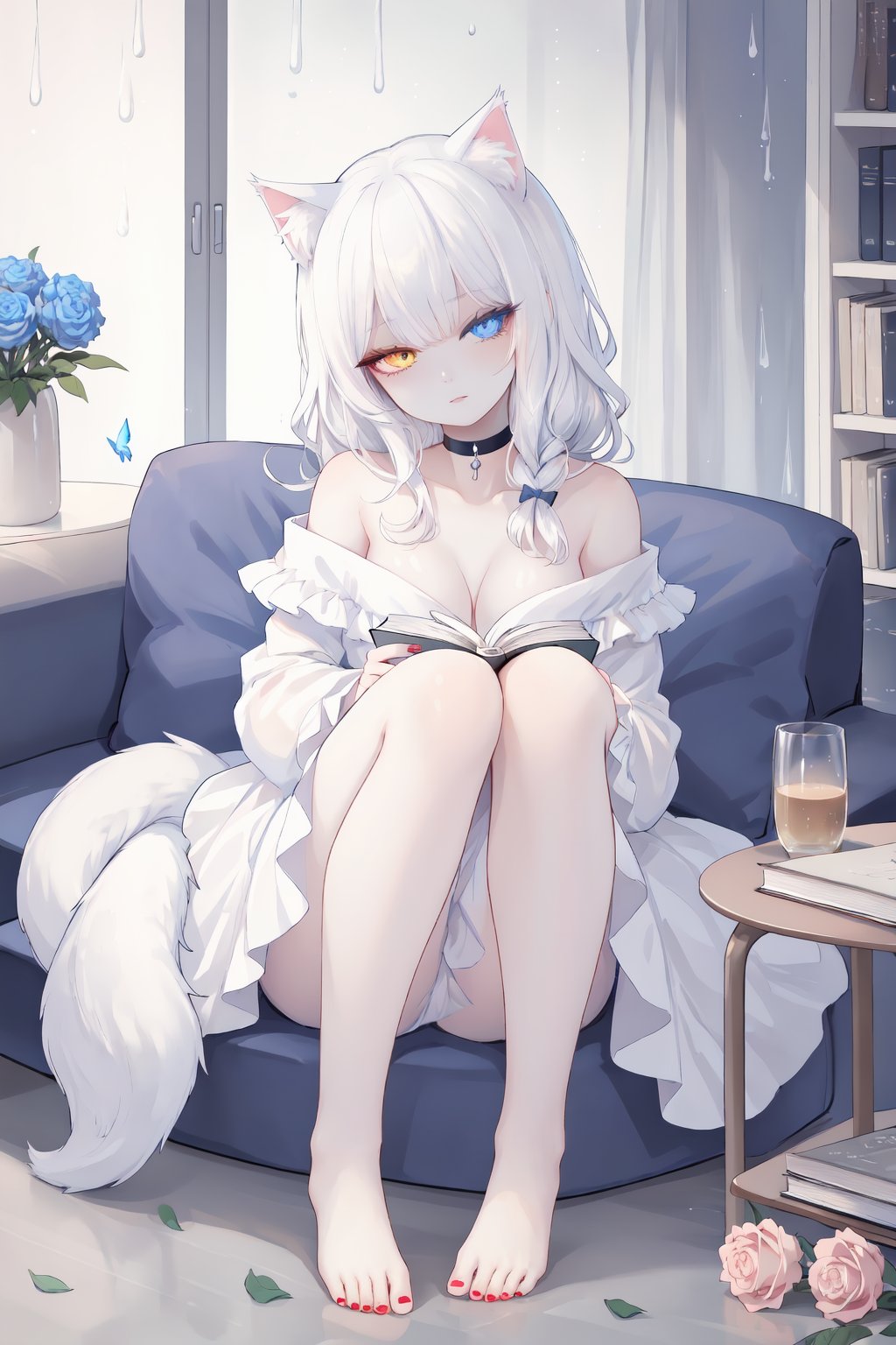 1girl,flower,long hair,barefoot,book,butterfly,breasts,sitting,solo,off shoulder,choker,bare shoulders,heterochromia,white dress,cleavage,bangs,bug,rose,blue flower,white hair,couch,holding,white cat,rain,indoors,looking at viewer,long sleeves,feet,petals,braid,bare legs,bow,nail polish,window,head tilt,collarbone,open book,toenail polish,blue eyes,she style,ths97f,65setutyh4,ae45ngol4,cat ears,