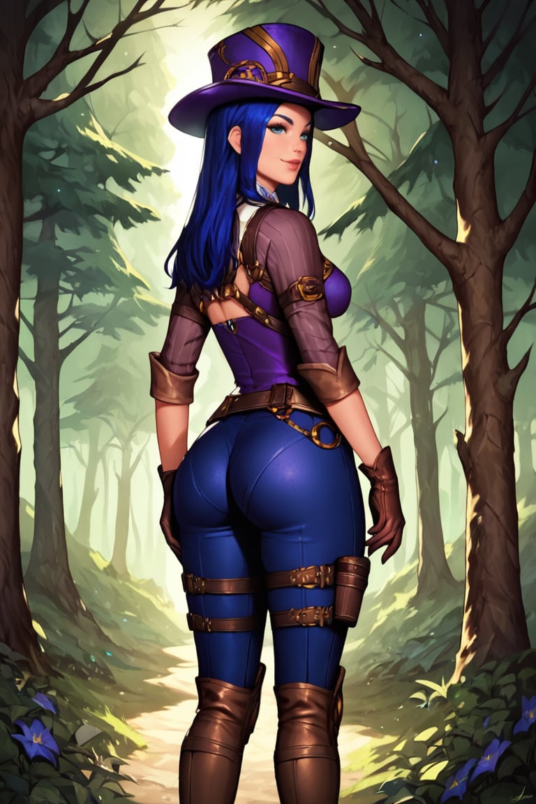 score_9, score_8_up, score_7_up, score_6_up, score_5_up, score_4_up, CaitlynLoLXL, blue eyes, blue hair, long hair, purple hat, hat ornament, medium breasts, purple dress, skirt, (brown medium sleeve:1.3), brown glove, harness, (blue pants:1.1), belt, knee pad, high boots, standing, from behind, big ass, focus ass, seductive smile, looking at viewer, forest, tree <lora:CaitlynLoLXL:0.8>