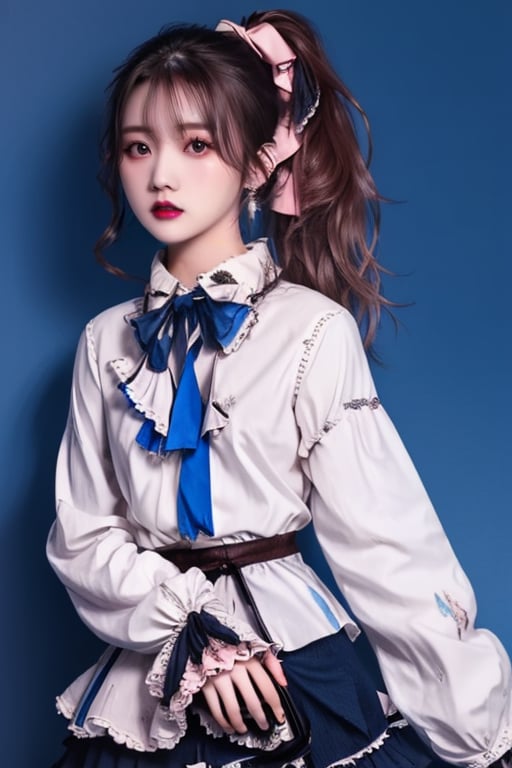 HY, 1girl, solo, blue background, long hair, ponytail, shirt, skirt, brown hair, long sleeves, looking at viewer, bow, red lips, black skirt, lips, bag, simple background, hair bow, ribbon, frills, earrings, handbag, pink bow <lora:HY_20240717001559-000010:0.8><hypernet:ekmix-style1-35000:1>