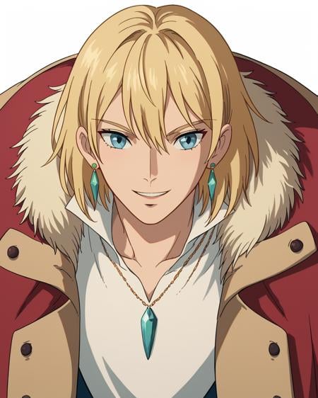 score_9, score_8_up, score_7_up, source_anime, anime coloring, zPDXL, Ghiblistyle, howl \(howl no ugoku shiro\), 1boy, bangs, blonde hair, blouse, blue eyes, coat, green crystal earrings, earrings, hair between eyes, jewelry, long sleeves, looking at viewer, male focus, medium hair, necklace, parted lips, red coat, shirt, smile, solo, white background, white shirt<lora:Ghibli_style_PDXL:1>