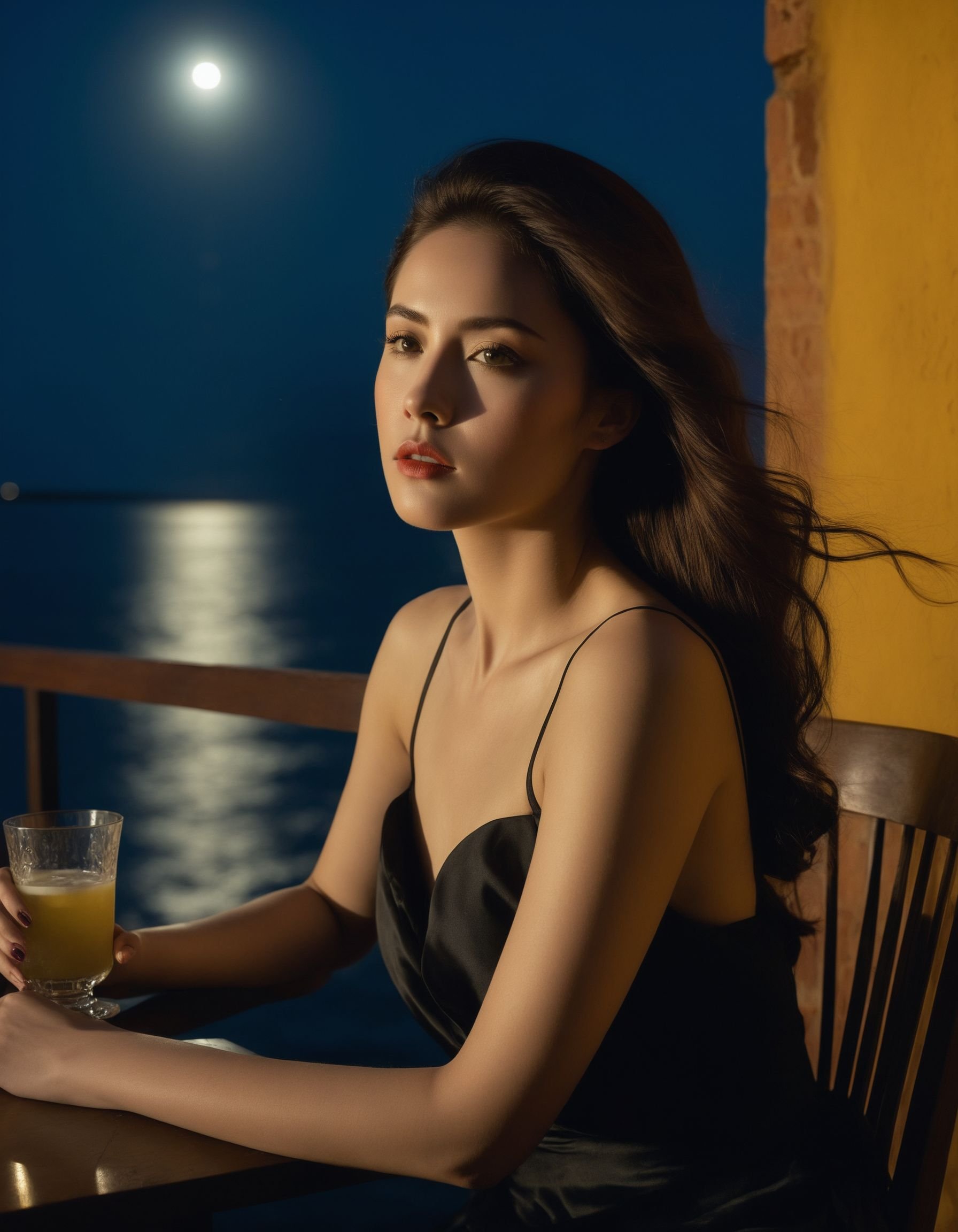 High-quality, hyper-realistic 8K Ultra HD portrait of a captivating woman. The woman is depicted in moonlight, her features bathed in a soft, diffused light that accentuates the delicate nuances of her expression. Inspired by Sargent's precision, the artist captures every subtle contour of her face, the subtleties of her eyes and the cascading yellow-black locks. In this mysterious ambience, creating a seductive interplay that accentuates the enigmatic aura surrounding the woman. The shadows dance across her features, enhancing the depth of her gaze and adding a touch of secrecy to the composition, highly detailed, sitting drinking on a wooden chair and table next to the yellow-black wall, which is a little dilapidated and under which there is a red brick