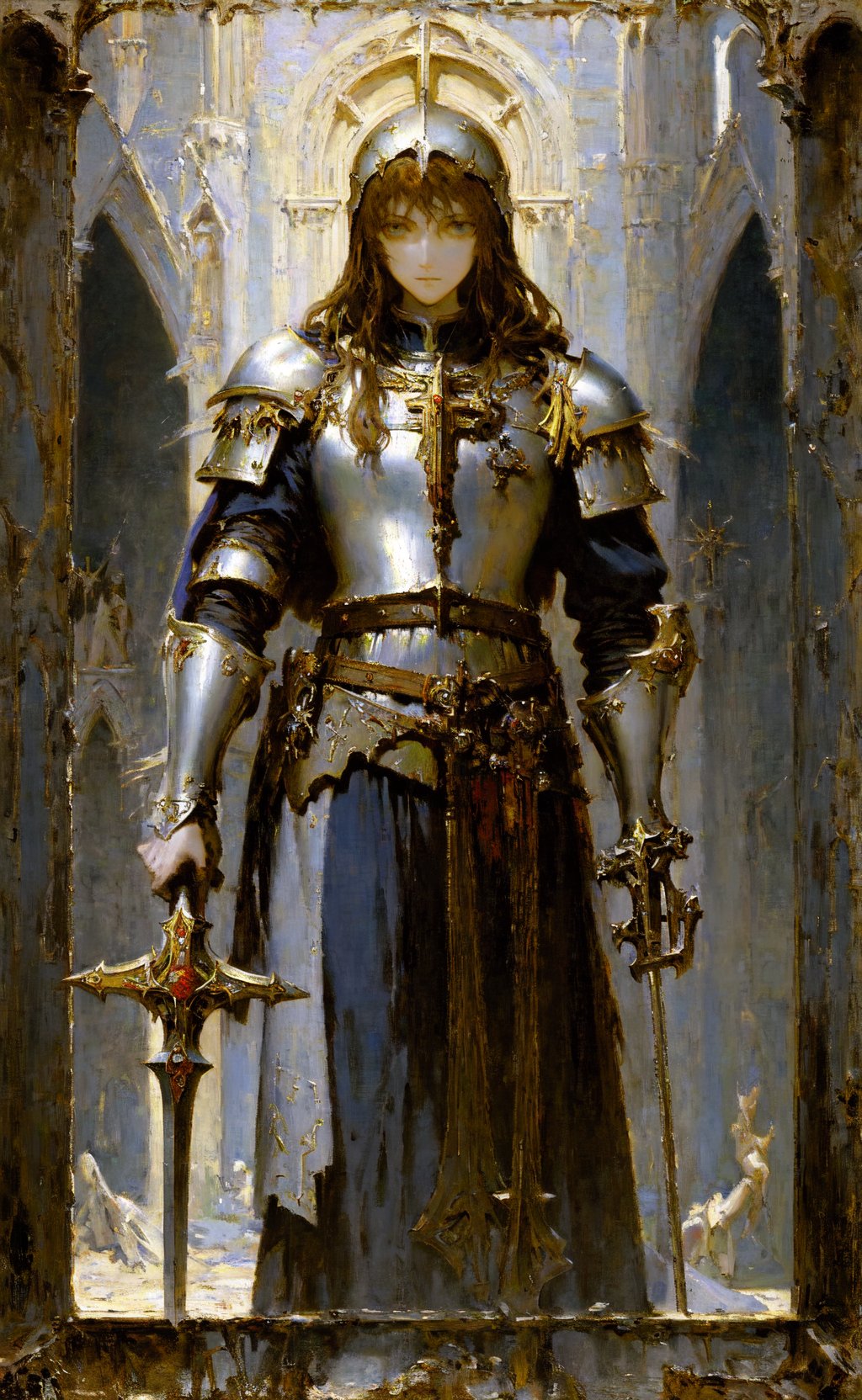 masterpiece, best quality, Joan of Arc, heroic, bright, moody, intense, style of Gustave Moreau