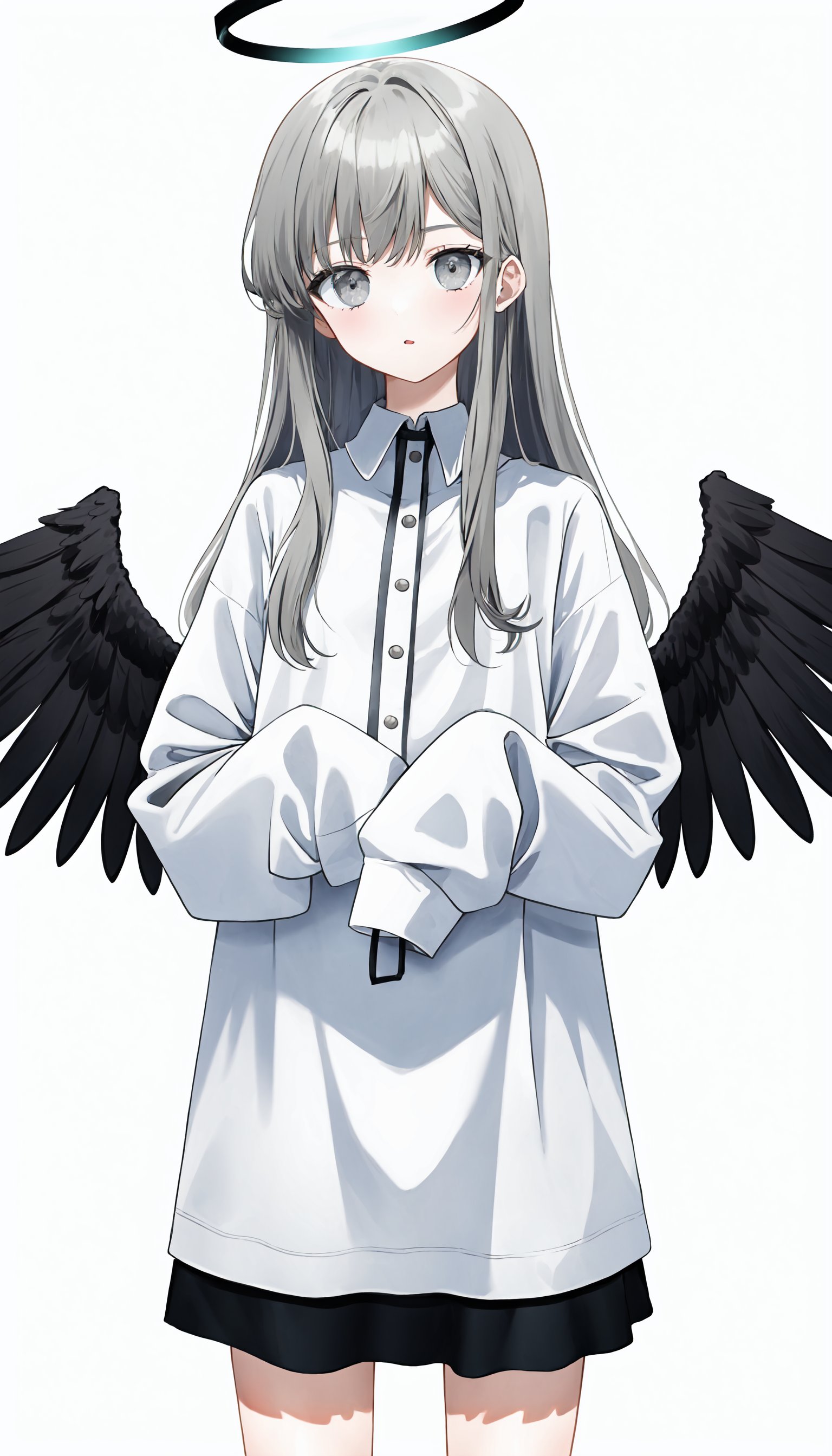 1girl, solo, halo, white background, dress, simple background, grey eyes, long hair, grey hair, long sleeves, sleeves past wrists, white dress, wings