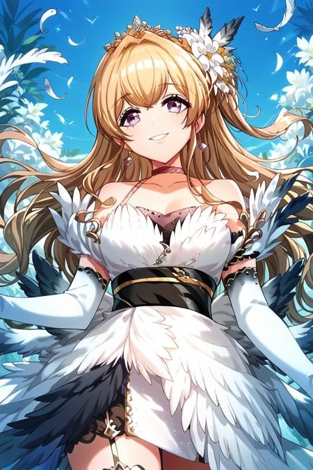 score_9, score_8_up, score_7_up, score_6_up, <lora:Kase_Mana:0.9> kase, 1girl, solo, long hair, gloves, hair ornament, dress, smile, feathers, flower, choker, elbow gloves, white gloves, blonde hair, hair flower, tiara, catwi