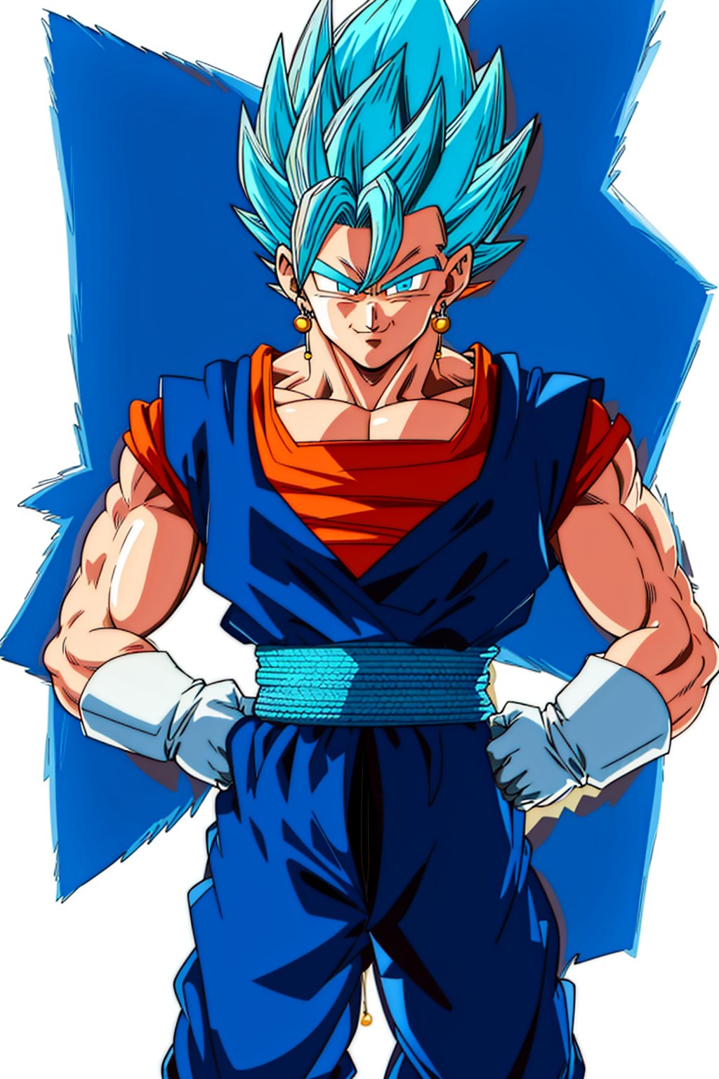 Vegetto, 1boy, male focus, earrings, jewelry, solo, gloves, white gloves, muscular, spiked hair, looking at viewer, dougi, closed mouth, muscular male, simple background, smile, white background, <lora:（贝吉特）Vegetto:0.8>, blue hair, blue eyes, hands on hips, 