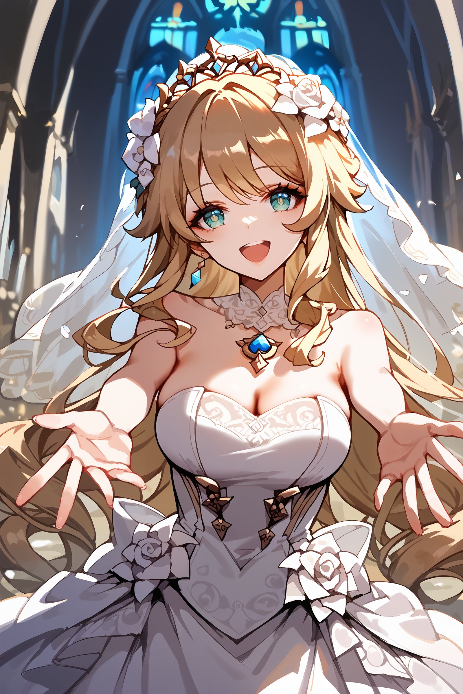 score_9, score_8_up, score_7_up, 1girl, navia \(genshin impact\), wedding dress, bridal veil, wedding, bare arms, bare shoulders, smile, open mouth, beckoning, reaching out,  looking at viewer, cowboy shot, church, depth of field <lora:Char-Genshin-Navia-Pony-V1:0.9>