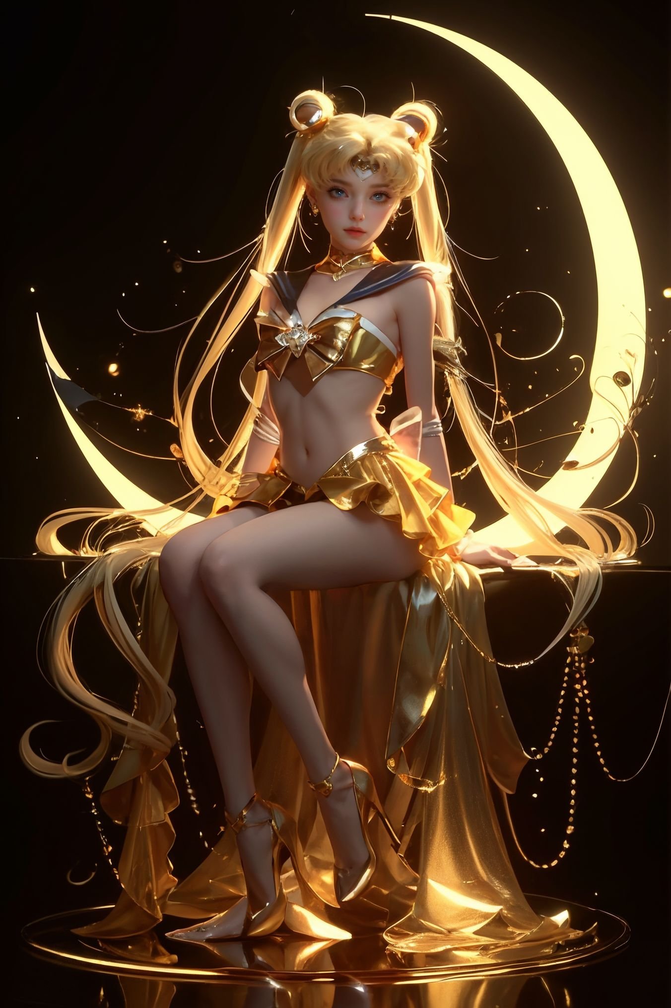 (8k, RAW photo, highly detailed,masterpiece, highest quality),rich colors,high contrast,film still,full shot body photo of the most beautiful artwork in the world,cinematic light,fantasy,highres,(detailed face),xuer Sailor Moon,1girl,long hair,tsukino usagi,blonde hair,solo,twintails,very long hair,crescent,sitting,jewelry,facial mark,blue eyes,hair bun,crescent facial mark,double bun,absurdly long hair,full body,crescent moon,bow,bangs,earrings,moon,breasts,forehead mark,hair ornament,high heels,navel,white bow,closed mouth,black background,high gloss,extremely beautiful skin,natural skin texture,(pale skin, real_skin),(Milky skin:1.2),(shiny skin:1.5),<lora:xuer Sailor Moon_20240329152018:0.8>,