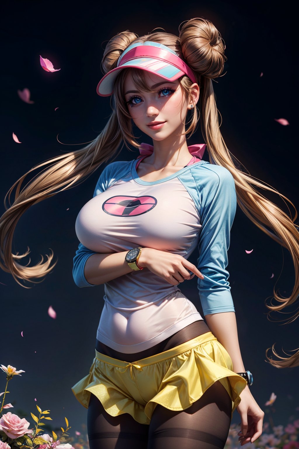 (ultra realistic,32k, masterpiece:1.2),(high detailed skin:1.1),( high quality:1.1),  <lora:Rosa_v5:0.7>,   zzRosa, hair bun, blue eyes, twintails, visor cap, pantyhose, raglan sleeves, yellow shorts, shirt, pink bow, wristwatch,   solo, looking at viewer, smile, cowboy shot,  blooming stars, luminescent petals, otherworldly fragrance blurry background, (looking at viewer, standing:1.1), huge breast, large breast, <lora:add_detail:0.92>, (glowwave:1.1),