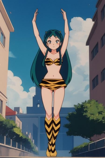 masterpiece, 8k,<lora:Urusei_Yatsura(original) lum:0.7> lum, oni horns, Standing on tiptoes with arms raised above the head, Private Yacht