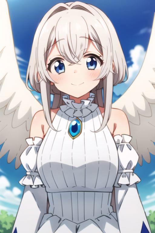 (masterpiece),towa, long hair, blue eyes, white hair, 1girl, solo, wings, detached sleeves, white wings, white dress, dress, feathered wings, smile, closed mouth, hair between eyes, looking at viewer, bare shoulders, sleeveless