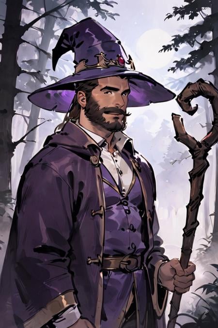 score_9, score_8_up, score_7_up, rating_safe, 1boy, solo, male focus, mature male, wizard, long hair, brown hair, black eyes, looking at viewer, hat, facial hair, beard, mustache, staff, wizard hat, purple hat, shirt, collared shirt, robe, purple robe, cloak, holding, holding staff, upper body, standing, outdoors, forest, nature, tree, fog, dark background <lora:Ink Style LoRA XL:0.8>