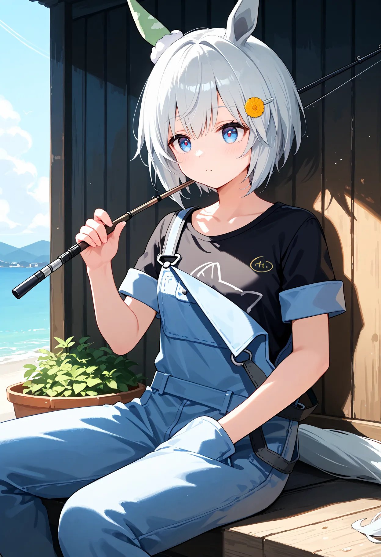 score_9, score_8_up, score_7_up, BREAK, best quality, masterpiece, very aesthetic, ultra detailed,very detailed background,BREAK,,zPDXL3,Seiun_Sky,SS_Casual, 1girl, solo,short hair, blue eyes, white hair, hair ornament, short sleeves, hairclip, black shirt, overalls, horse ears, horse tail,bangs,sitting,holding,fishing rod,Embankment<lyco:Seiun_Sky-ponyXL_locon:1>