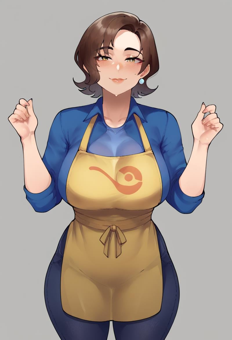 <lora:Paldea_Mother_Pokemon_ScarletViolet_PDXL:0.6> mother_sv, blue shirt, yellow apron, black jeans, grey background, solo, simple background,  <lora:nyantcha_ponyXL_adam8_tags_2500:1> nyantcha, score_9, score_8_up, score_7_up, score_6_up, score_5_up, score_4_up, BREAK, uncensored