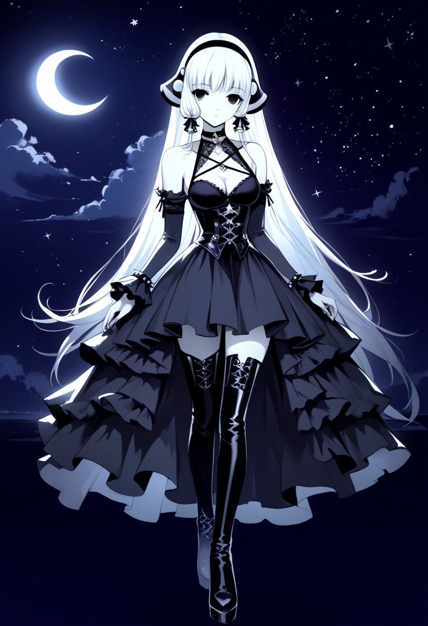 score_9,score_8_up,score_7_up,source_anime, Chii (Chobits),1girl,solo,dress,thighhighs,bare shoulders,hairband,boots,detached sleeves,black footwear,star \(symbol\),black dress,thigh boots,moon,lolta fashion,gothic lolta,crescent moon,goth fashion,black theme,