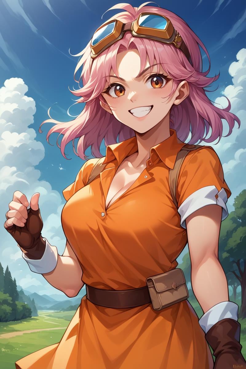 score_9, score_8_up, score_7_up, score_6_up, source_anime, BREAK 1girl, solo  <lora:dqmaam-pdxl-nvwls-v1-000005:1> plainMaam, pink hair, medium hair, goggles on head, orange shirt, short sleeves, cleavage, orange skirt, brown gloves, fingerless gloves, grin, happy, looking at you, blue sky, trees, field, cliffs