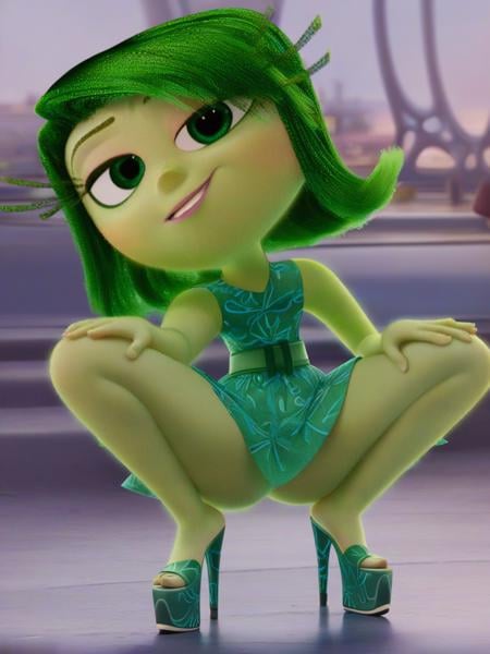 <lora:Disgust:0.8> di_st, 1girl, green hair, green eyes, looking at viewer, squatting, front view, spreading legs, platform heels, score_9, score_8_up, score_7_up,