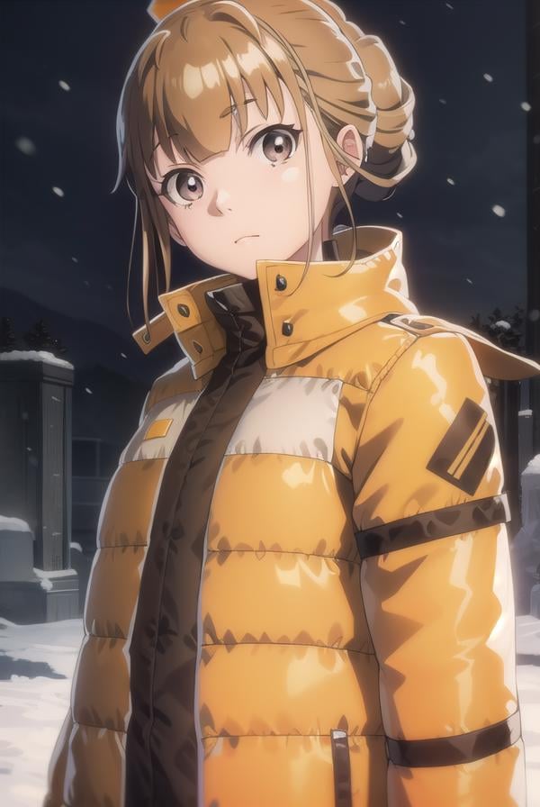 hinatamiyake, <lora:hinata miyake s1-lora-nochekaiser:1>,hinata miyake, short hair, brown hair, (brown eyes:1.5),BREAK jacket, helmet, orange jacket, orange helmet,BREAK outdoors, snow, ice, snowflake,BREAK looking at viewer,BREAK <lyco:GoodHands-beta2:1>, (masterpiece:1.2), best quality, high resolution, unity 8k wallpaper, (illustration:0.8), (beautiful detailed eyes:1.6), extremely detailed face, perfect lighting, extremely detailed CG, (perfect hands, perfect anatomy),