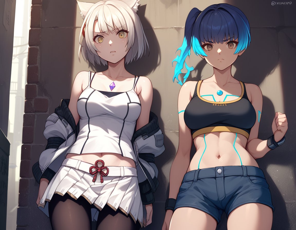 score_9, score_8, score_7, source_anime,<lora:xb3-ponyxl-000003:0.45>2girls, alley, against wall, disappointedBREAKmio, black pantyhose, chest jewel, midriff, navel, skirt, white camisole, white skirtBREAKsena, blue hair, black sports bra, chest jewel, crop top, leggings, navel, shorts, shoulder strap