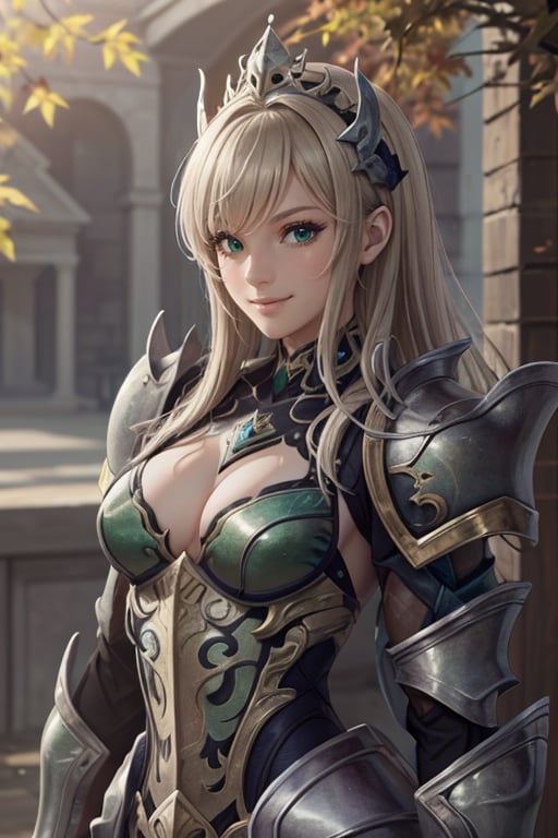 hxarmour,<lora:HXarmour_018:0.6>,1girl,smile,crown.,(green armour:1.3),(Resting on a diagonal:1.2),ultra-detailed,extremely delicate and beautiful,(by exquisite colors block),masterpiece,best quality,unreal engine 5 rendering,movie light,movie lens,movie special effects,detailed details,HDR,UHD,8K,CG wallpaper,in autumn,