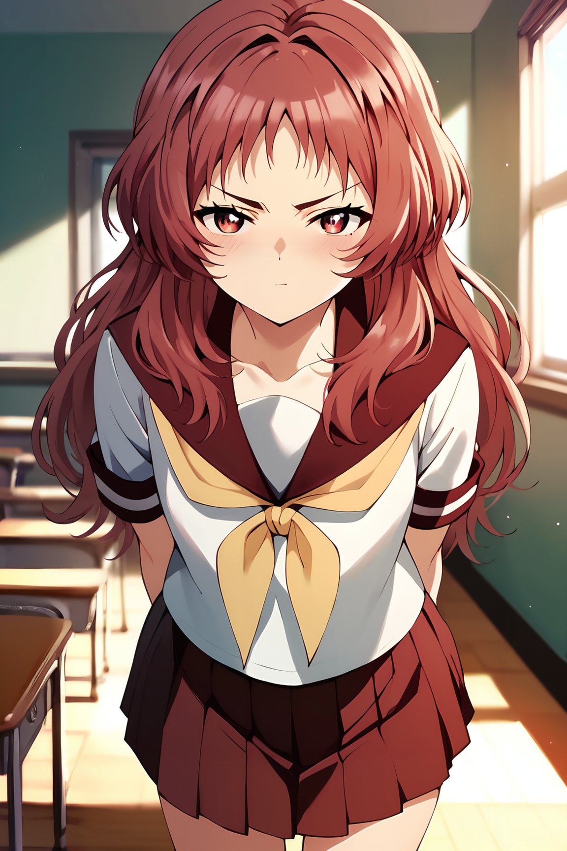 score_9, score_8_up, score_7_up, source_anime, zPDXL2, 1girl, <lora:ai_mie:1>, miewz, red eyes, red hair, long hair, serafuku, sailor collar, yellow neckerchief, white shirt, school uniform, red skirt, pleated skirt, leaning forward,cowboy shot,  v-shaped eyebrows, v-shaped eyes,   leaning forward, standing, arms behind back, looking at viewer, classroom, indoors<lora:sd_xl_dpo_lora_v1:1>