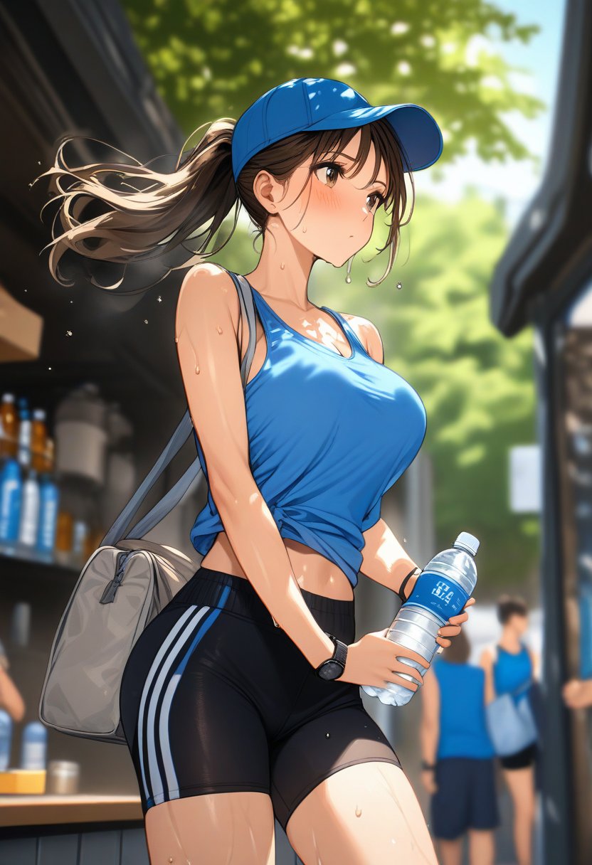 <lora:BLE 0.5v:1>, BLE, best quality, masterpiece, detailed background,bottle, sweat, water bottle, hat, ponytail, outdoors, solo focus, baseball cap, holding, brown hair, blue headwear, blurry, breasts, holding bottle, blush, blurry background, 1girl, bag, shorts, brown eyes, bare shoulders, wristband, shirt, day, blue tank top, tank top, shoulder bag, bike shorts, sleeveless, midriff, closed mouth, blue shirt, long hair, large breasts, watch