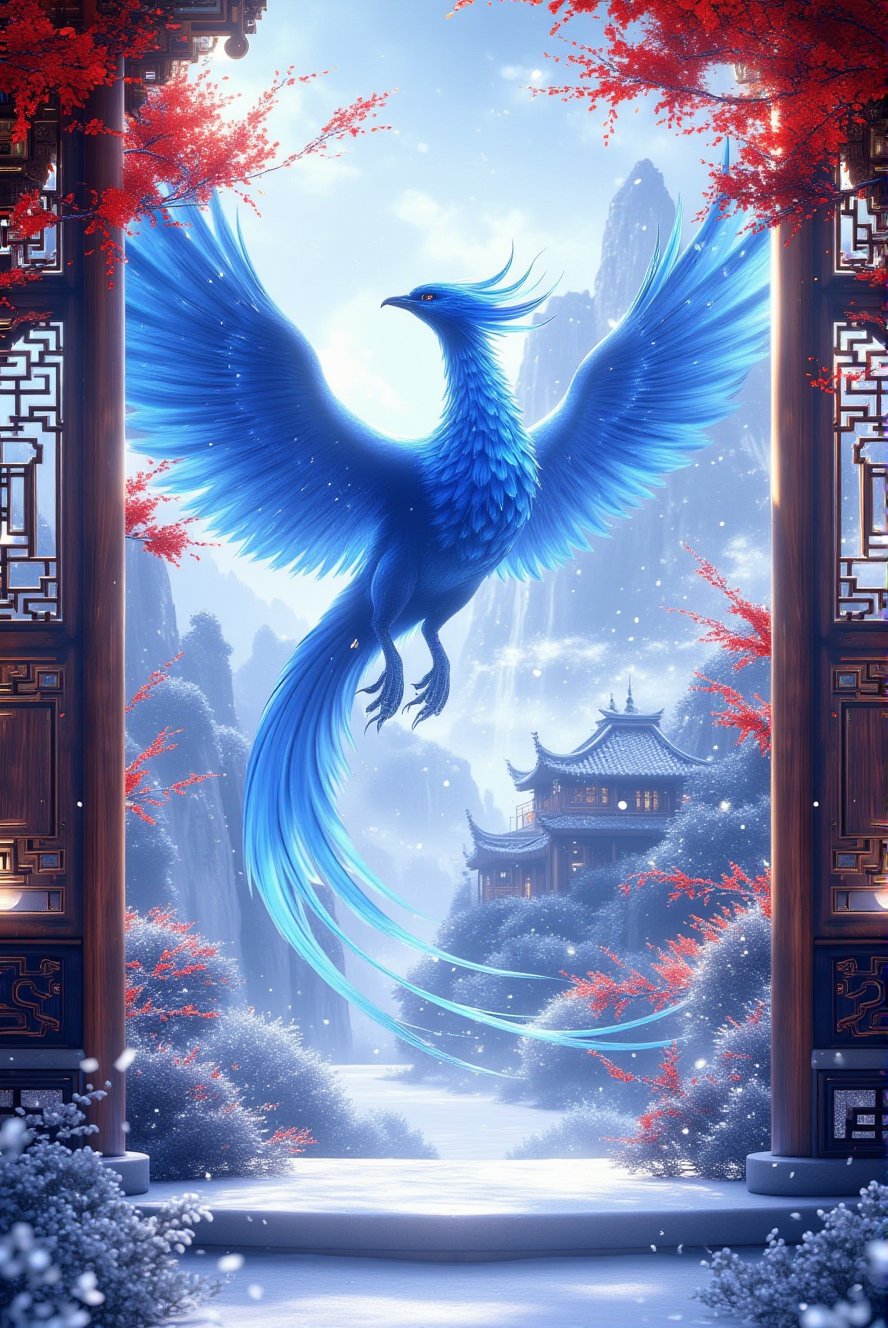 east asian architecture, scenery, architecture, snow, tree, no humans, mountain, outdoors, lantern, autumn leaves, building, snowing, leaf, winter, sky, maple leaf, (Phoenix, fire, CG fantasy digital illustration, blue phoenix-like creature, highlight treatment, curved body, spread wings,and the word "FengHuang " is written in the center of the poster,<lora:门停 (1):1> <lora:凤凰:1>