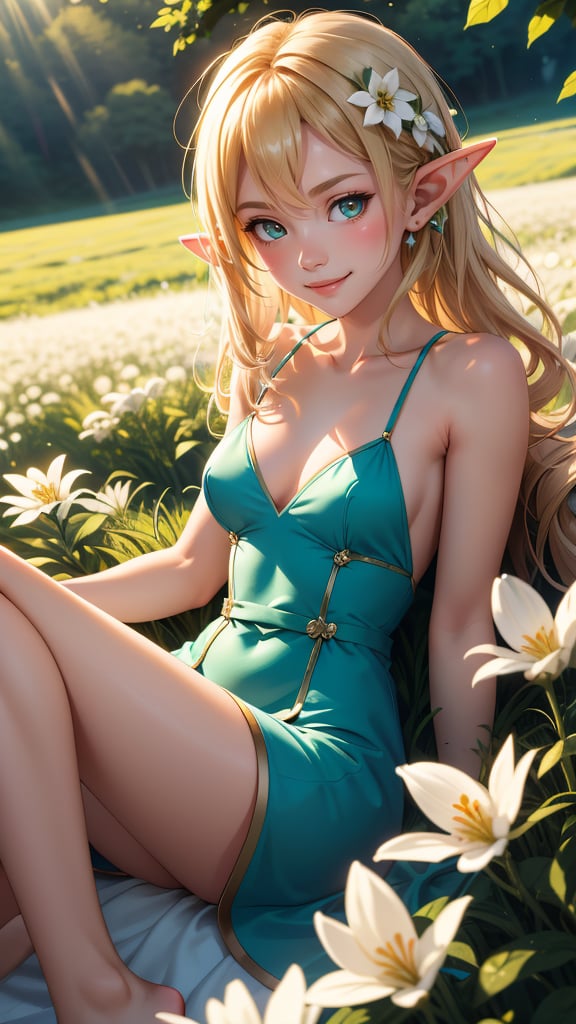 masterpiece, best quality, elf adventurer lying down in a field of white flowers, foliage dress, barefoot, looking at viewer, smug, smirk, blushing, (ultra-detailed body), dutch angle, cinematic, volumetric lighting, sunbeam, soft lighting, mystical, magical, rim lighting, fantasy, sparkle, glittering