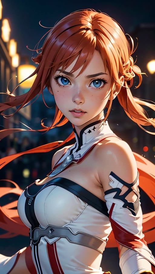 (best quality, masterpiece, colorful, dynamic angle, highest detailed) upper body photo, fashion photography of cute, intense long red hair, (\Asuna Yuuki\)\(sword art online\) <lora:asuna_(sao)_v1:0.6>,(ultrahigh resolution textures), in dynamic pose, bokeh, (intricate details, hyperdetailed:1.15), detailed, moonlight passing through hair, perfect night, colorful fantasy art background, (official art, extreme detailed, highest detailed), HDR+