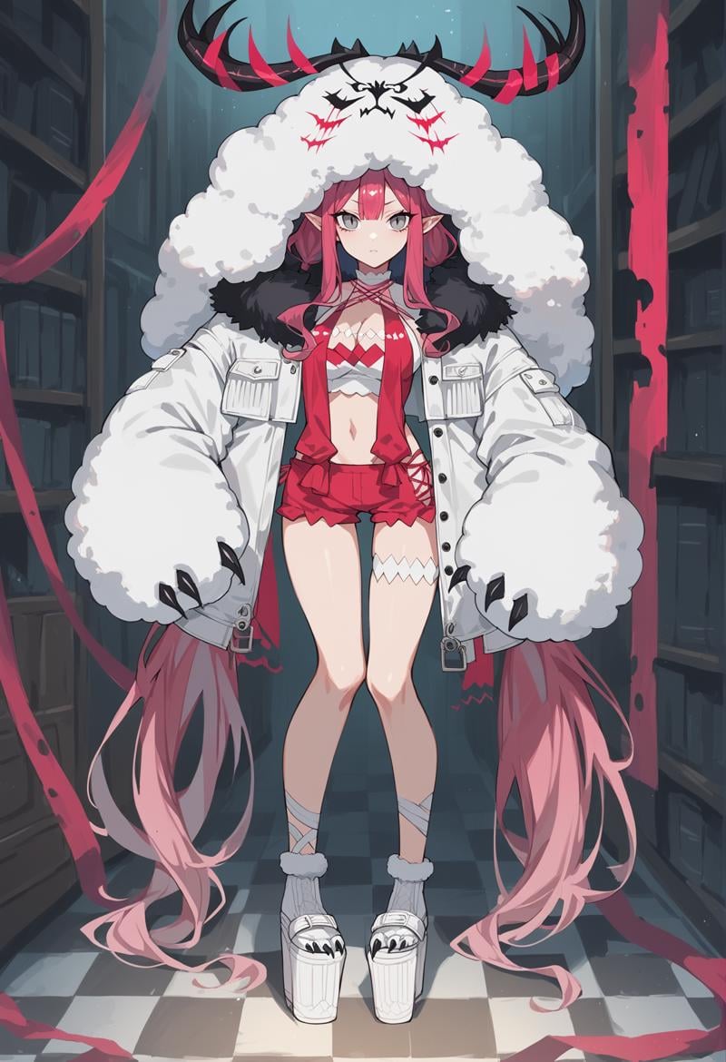 1girl, pointy ears, pink hair, very long hair, grey eyes, character hood, fur trim, fur-trimmed jacket, claws, horns, short dress, cleavage, navel, Thigh Strap, Platform Footwear, standing, indoors, cowboy shot  <lora:bob:1>, score_9, score_8_up, score_7_up, score_6_up, score_5_up, score_4_up, BREAK source_anime, masterpiece