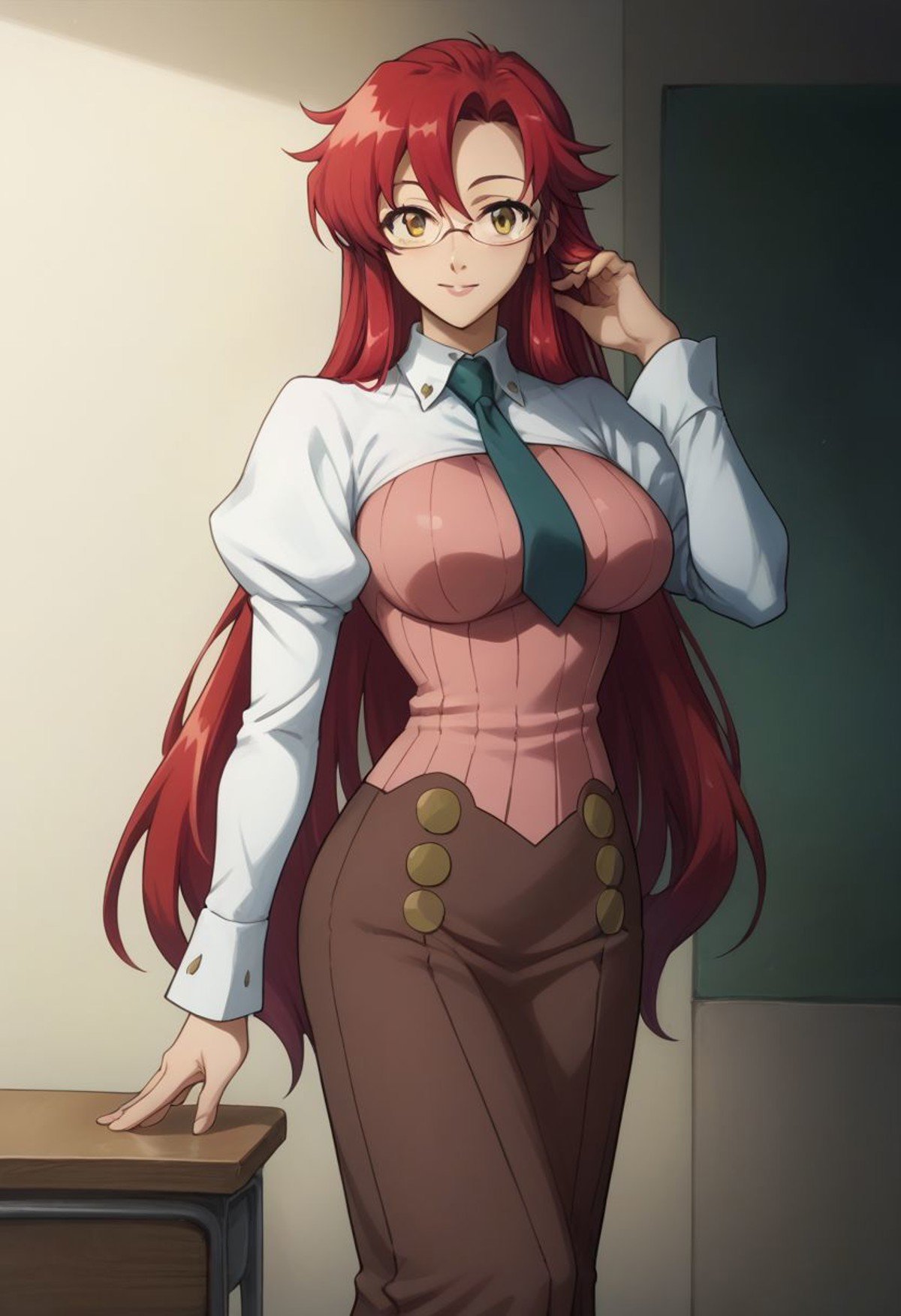 score_9, score_8_up, source_anime, highly detailed, 1girl, soloyoko_teacher, 1girl, glasses, teacher, aged up, solo, long hair, red hair, necktie, long skirt, skirt, yellow eyes, hair down, high heels, very long hair, large breasts, hand in hair,indoor, upper body,