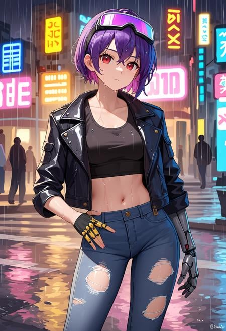 score_9, score_8_up, score_7_up, masterpiece, source_anime, BREAK, 1girl, red eyes, short purple hair, neon goggles, leather jacket, ripped jeans, cybernetic arm, standing in a rainy city street, neon lights reflecting on wet pavement