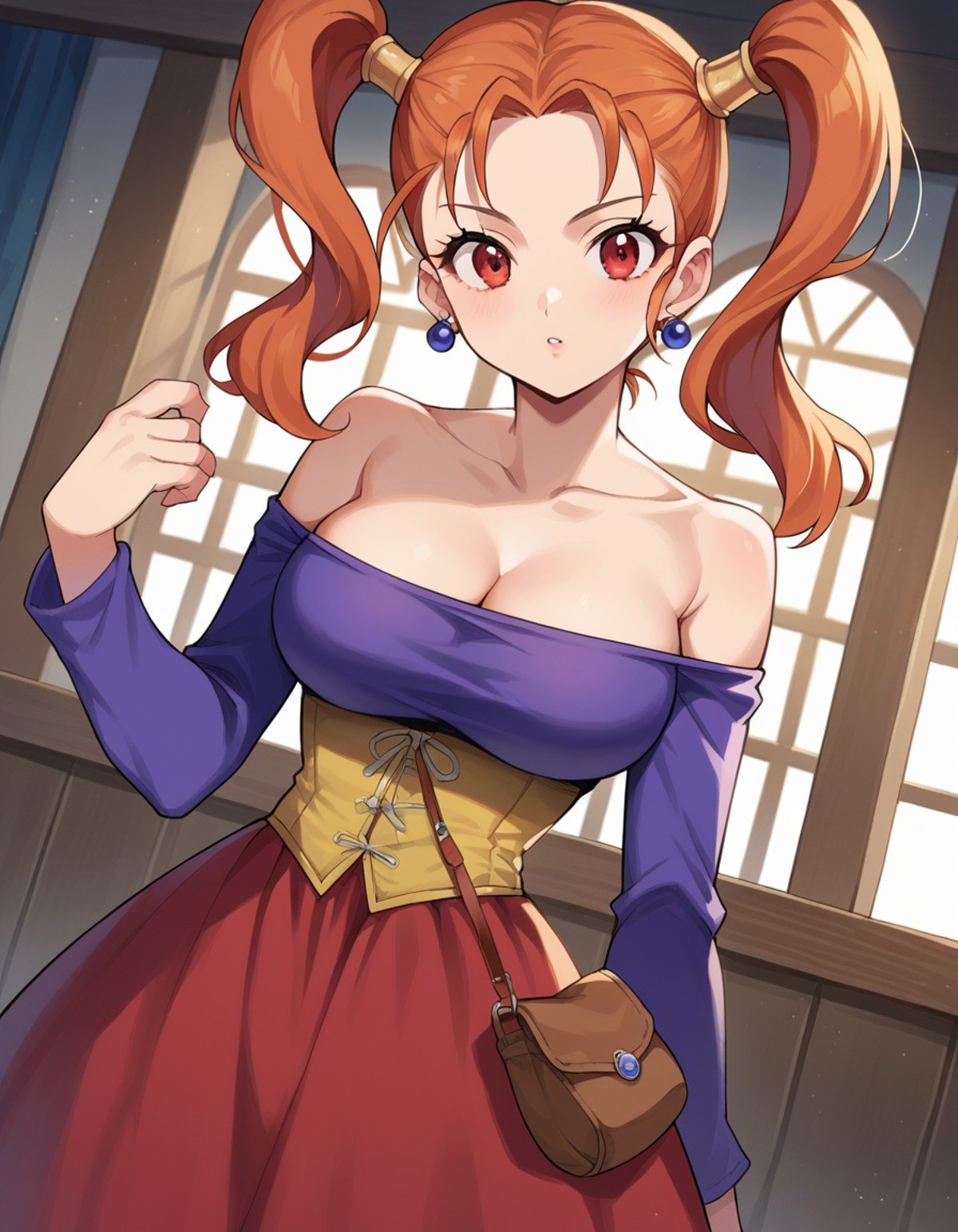 score_9, score_8_up, score_7_up, source_anime,jessicaalbert, <lora:jessica-albert-ponyxl-lora-nochekaiser:1>,jessica albert, orange hair, red eyes, twintails,bare shoulders, cleavage, dress, earrings, jewelry, off shoulder, off-shoulder dress, purple shirt, shirt, strapless, strapless dress, corset,indoors,looking at viewer, dutch angle, cowboy shot,