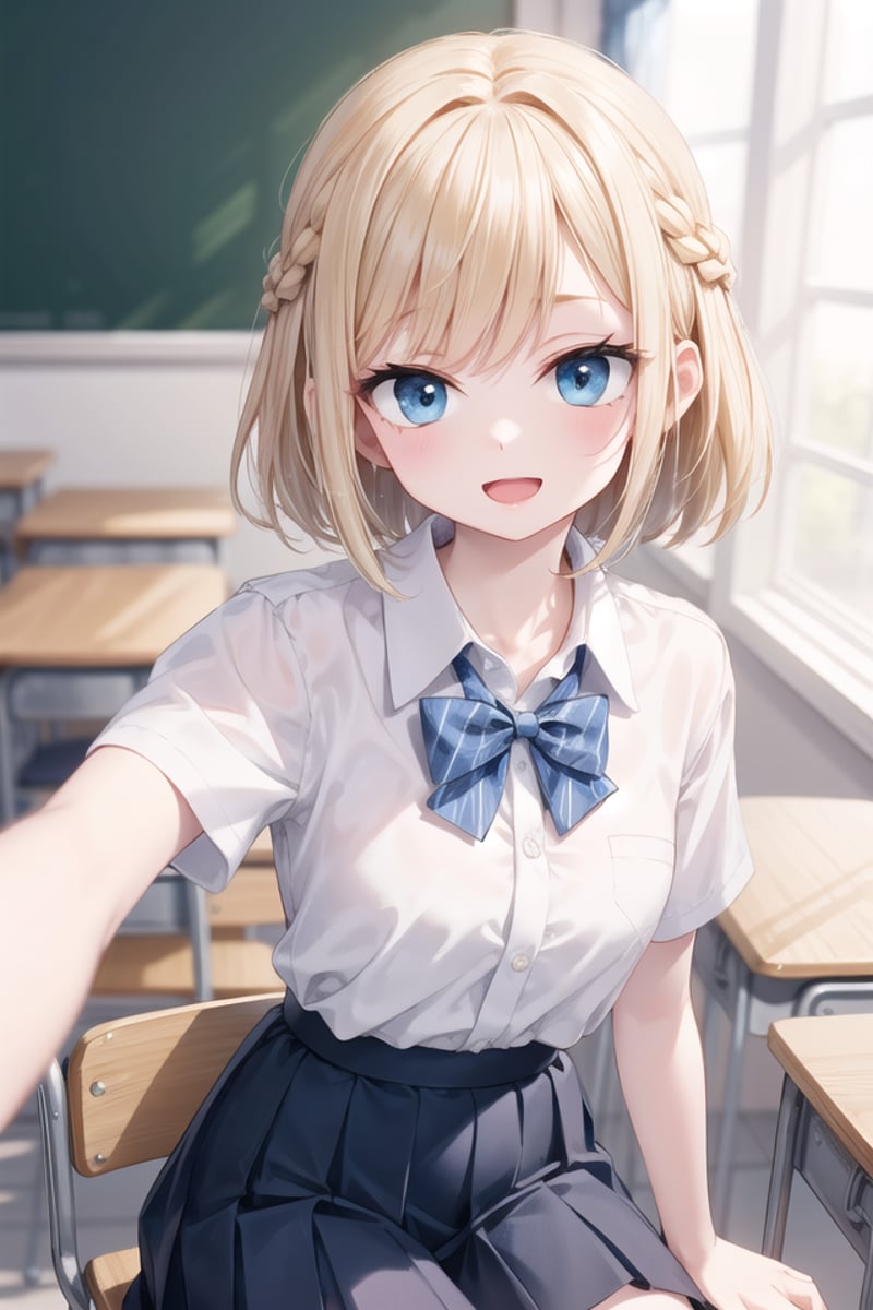 insanely detailed, absurdres, ultra-highres, ultra-detailed, best quality,1girl, solo, nice hands, perfect handsBREAKsummer school uniform, (plain dark blue skirt with many pleats:1.4), (striped indigo blue bowtie:1.3), short sleeves, white shirt, shirt with white buttonBREAK(nsfw:-1.5)BREAKhappy smile, laugh, open mouthBREAKfrom above,standing, cowboy shot, looking at viewerBREAKslender, kawaii, perfect symmetrical face, ultra cute girl, ultra cute face, ultra detailed eyes, ultra detailed hair, ultra cute, ultra beautifulBREAKin classroom, school desk, school chair, chalkboard, depth of field, ultra detailed backgroundBREAKmedium breastsBREAKblonde hair, blue eyes, crown braid