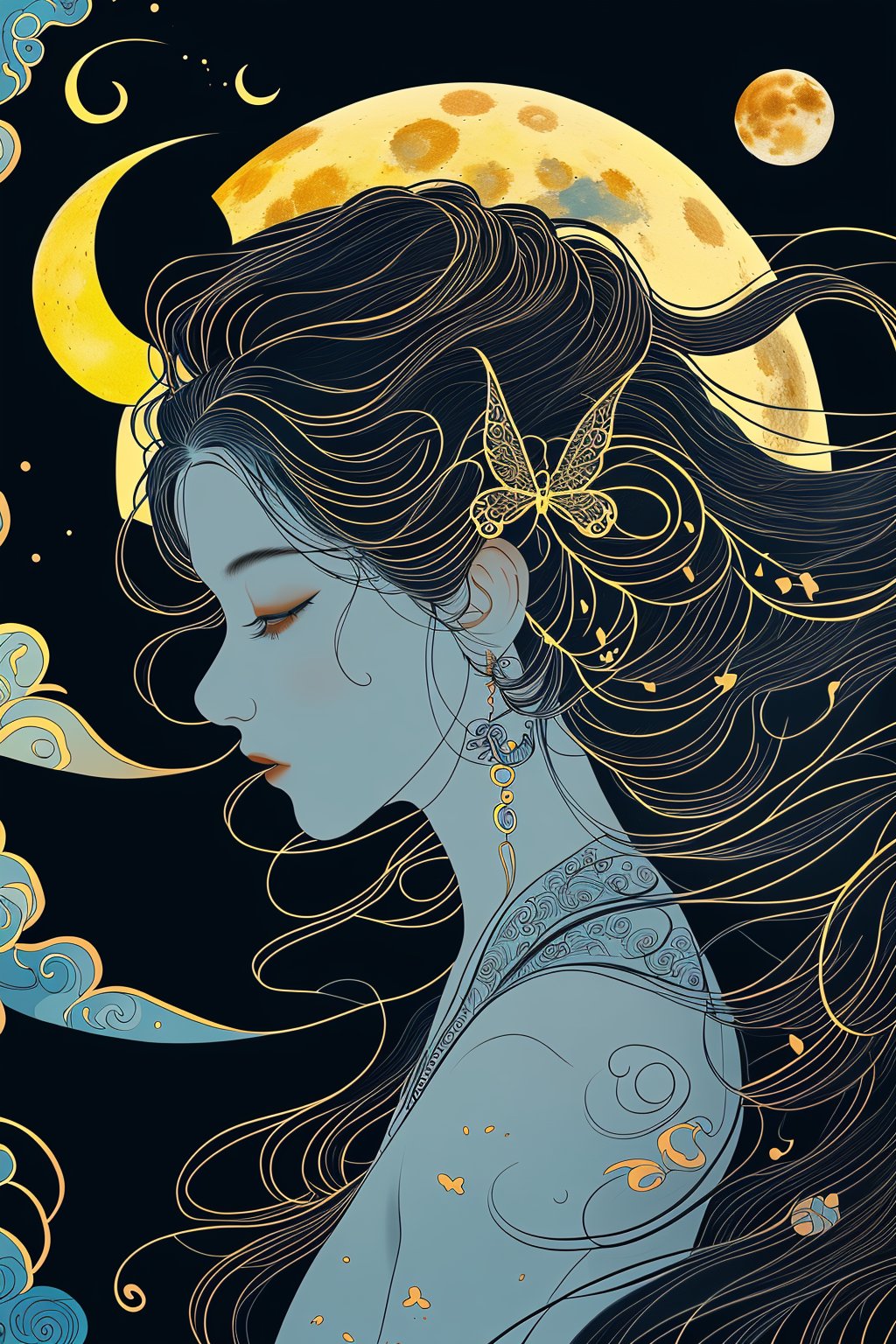 1girl,solo,long hair,moon,jewelry,earrings,profile,floating hair,waves,full moon,upper body,artist name,closed mouth,tassel earrings,butterfly,