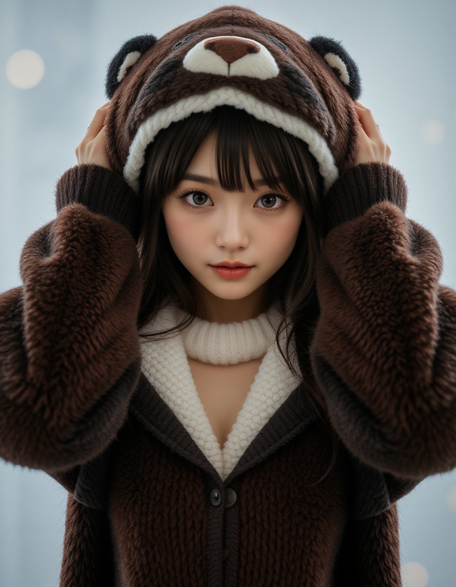 best quality, masterpiece, realism, realistic, long sweater fur-suit with bear costume, hands behind the head, cheats cutout, analogue photo of adult girl in costume, looking at viewer, long hair, extremely beautiful detailed face, medium breasts, (cute face, temptations look), eye level, professional photo, high contrast exposure, soft bokeh, high key light, hard shadow, soft bokeh, playful theme,  <lora:hinaFluxAsianMixLora-schnell_v2:0.9>