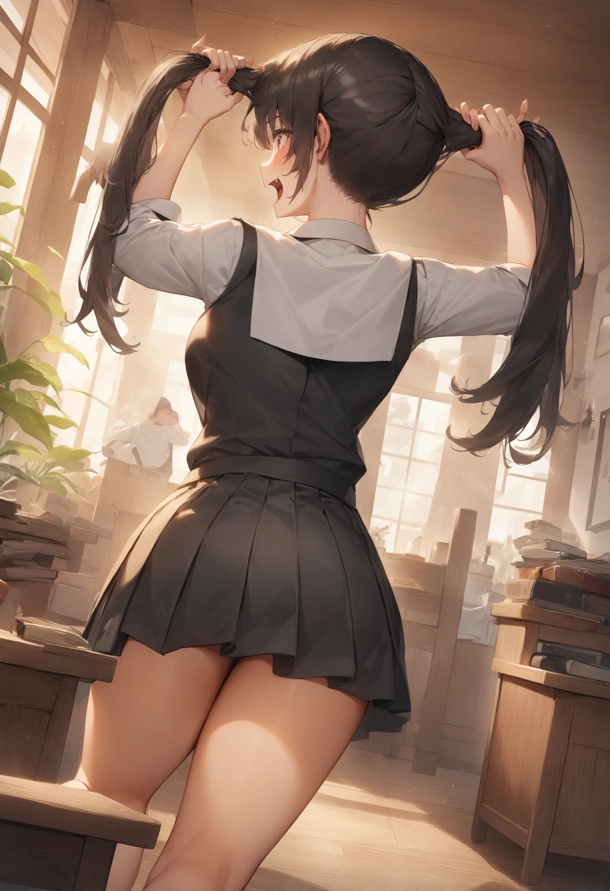 1girl, <lora:sdxl2-flat2-512b:-1>,medium breasts,school uniform,bunching hair,<lora:bunchinghair_XL_v1:0.8>ceiling, cinematic angle, looking back, evil, chapter House, open mouth,masterpiece, best quality, very aesthetic, absurdres