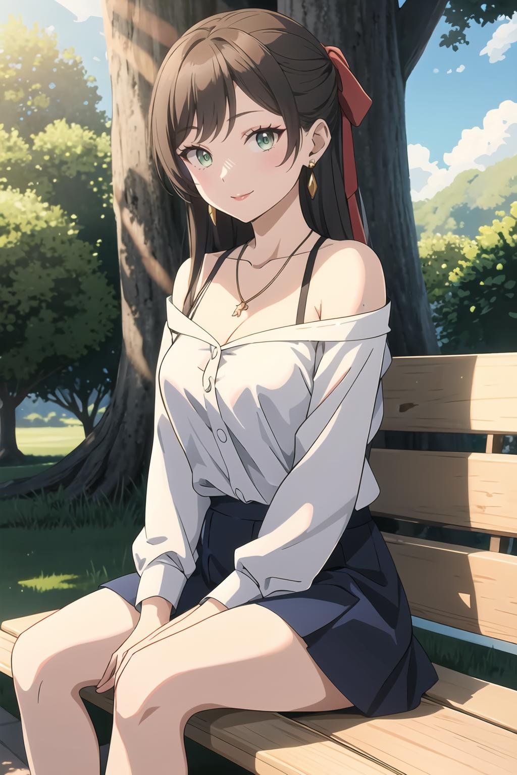 1girl, solo, long hair, jewelry, sitting, green eyes, eyes, earrings, brown hair, skirt, outdoors, necklace, bench, looking at viewer, hands on lap, off shoulder, shirt, tree, bare shoulders, very long hair, off-shoulder shirt, collarbone, bangs, half updo, day, park, orange shirt, lipstick, makeup, shadow, light smile, <lora:Platinum_Anime_Hentai_CG_Helper_R2.3:1>