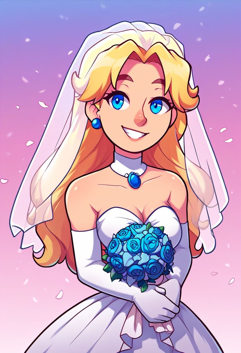 source_anime, score_9, score_8_up, score_9, 1girl, solo, <lora:NSHaleyStardew:1> NSHaleyStardew, long hair, blonde hair, blue eyes, wedding dress, smile, bridal veil