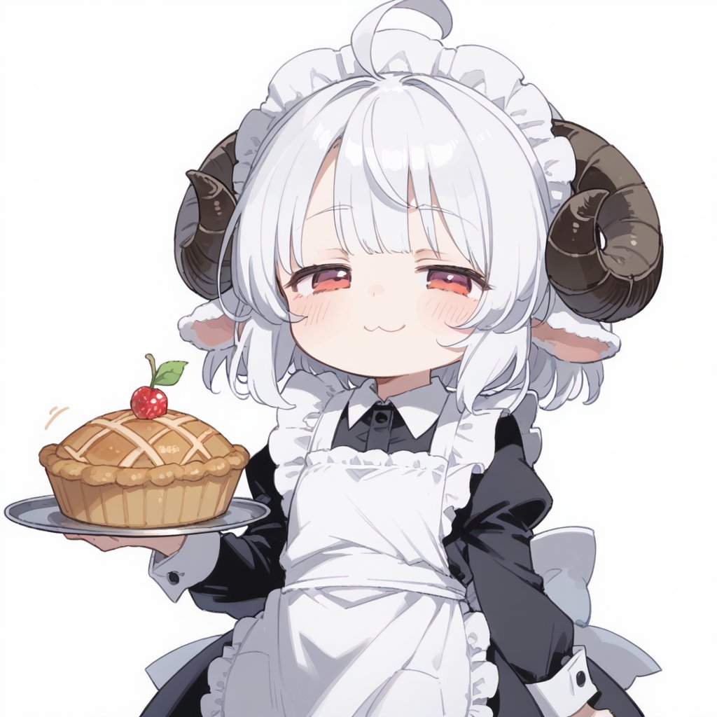 score_9, score_8_up, score_7_up , source_anime, best quality, cute,half-closed eyes, tareme, ahoge1girl (chibi:1.2),solo,sheep girl, sheep ears, sheep horns, red eyes,white hair,bloomers,(sheep apron:1.2),(half-closed eyes:1.2), smile, holding pie,white background, offer pie,maid headdress, (doyagao:1.2), pout, 