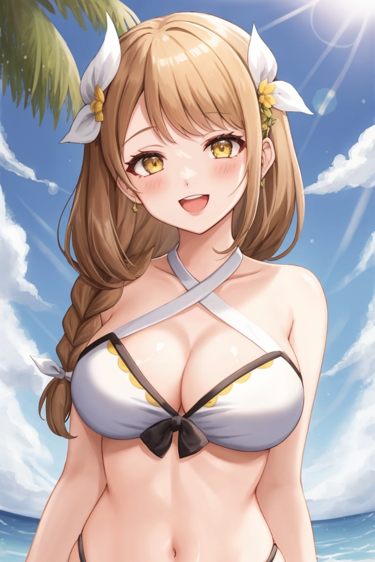 <lora:Goldmary_FE-10:0.75> goldmary fe, 1girl, solo, long hair, looking at viewer, blush, smile, open mouth, large breasts, hair ornament, navel, cleavage, bare shoulders, swimsuit, upper body, braid, flower, :d, bikini, shiny, hair flower, single braid, halterneck, criss-cross halter