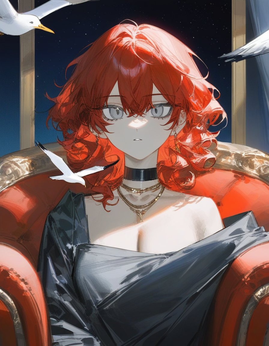 (dino \(dinoartforame\), cogecha:0.7), (quasarcake, 3j dangan,:1.1), 1girl, solo, breasts, looking at viewer, cleavage, jewelry, upper body, red hair, parted lips, sky, choker, medium hair, necklace, grey eyes, night, bird, star \(sky\), night sky, starry sky, curly hair, seagull, toga, luxurious armchair, gold