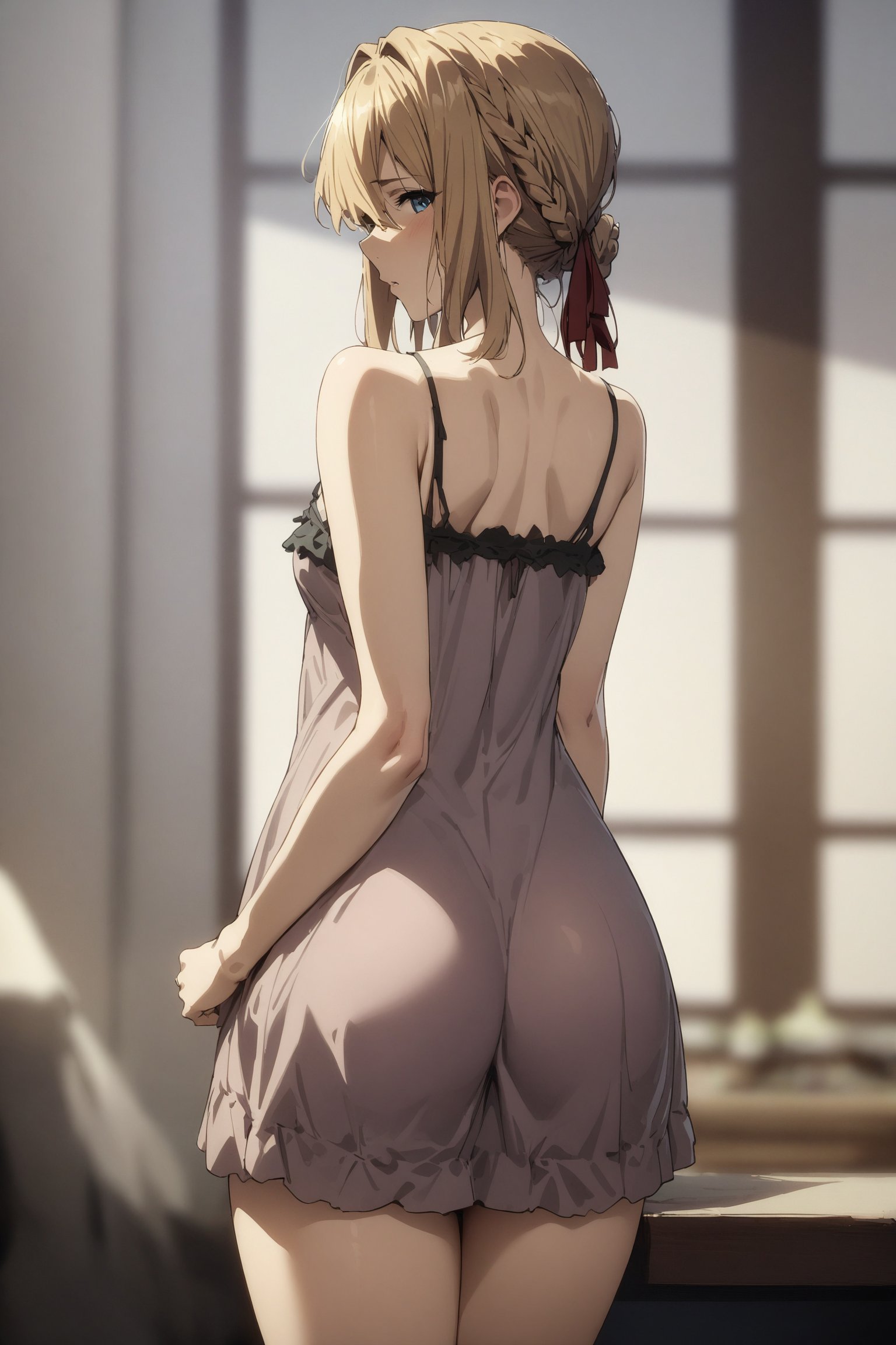 masterpiece, best quality, very aesthetic, absurdres, aave, braid, hair ribbon, red ribbon, <lora:violet_evergarden_XL_v1(anima):0.9>, negligee, from behind, looking back,