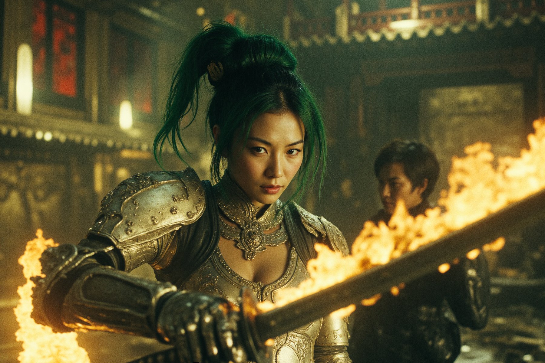 ( first person point of view 1980s polaroid photographica  portrait:2.) (A cinematic shot of a beautiful asian female cyborg, detailed face features,greens hair, robotic arms, robotic legs, holding a golden  glowing katana by the handle in attacking pose, golden  fire around the katana blade, best quality, amazing details, temple in background:1.2), hkwarrior, mythp0rt   <lora:MidjourneyV6.1:1> soft shadows, high contrast. matte painting, (highly detailed:2) (hyperdetailed:2). <lora:Phlux:0.3> <lora:flux_realism_lora:0.3> <lora:flux_train_replicate:0.6> <lora:Wong_Kar-wei_Cinematic_Style_r1:0.6> high contrast  <lora:Owie_flux_by_cosmic:0.3>