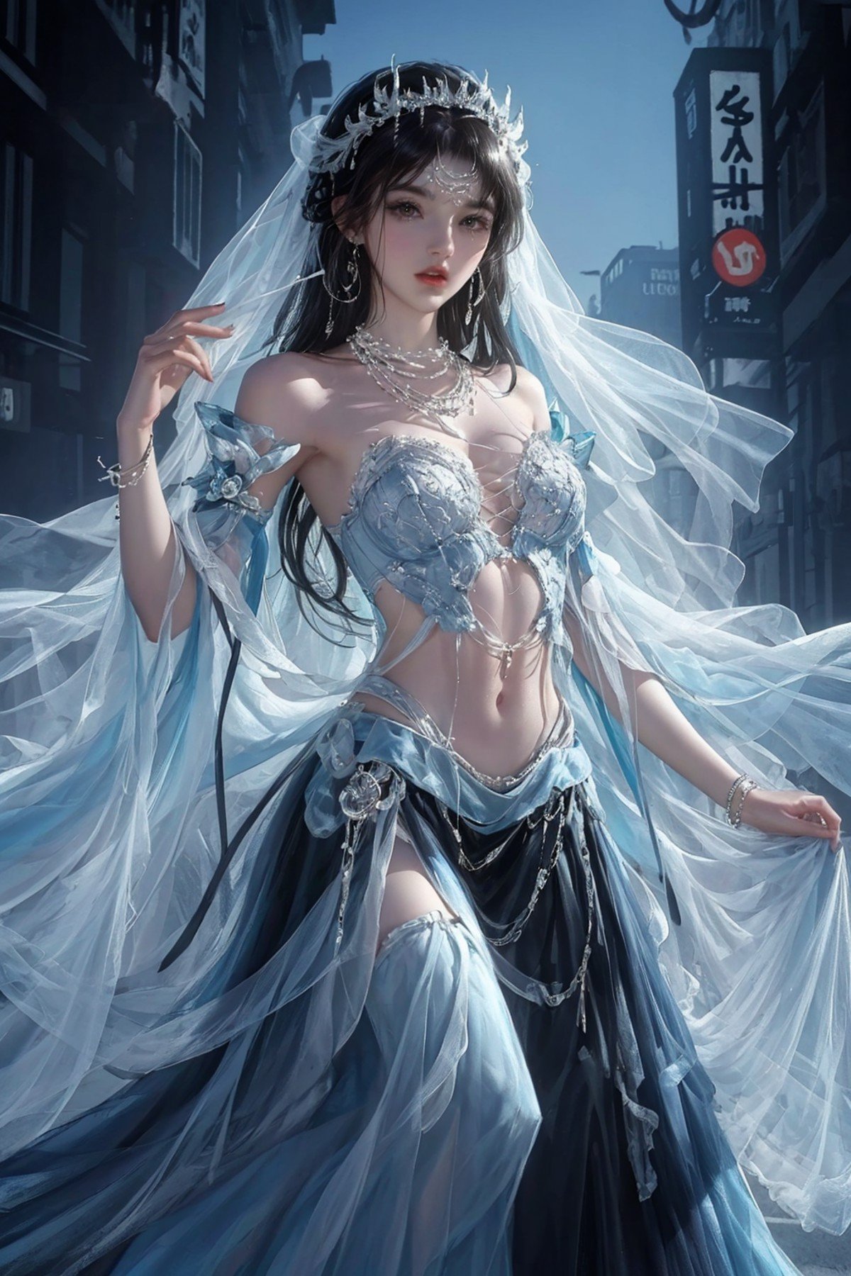 future0603,dress,Hair accessories,jewelry,navel,necklace,skirt,veil,solo,black hair,<lora:future0603-hanfu:0.8>,city,, best quality,masterpiece,highres,official art,extremely detailed cg unity 8k wallpaper,