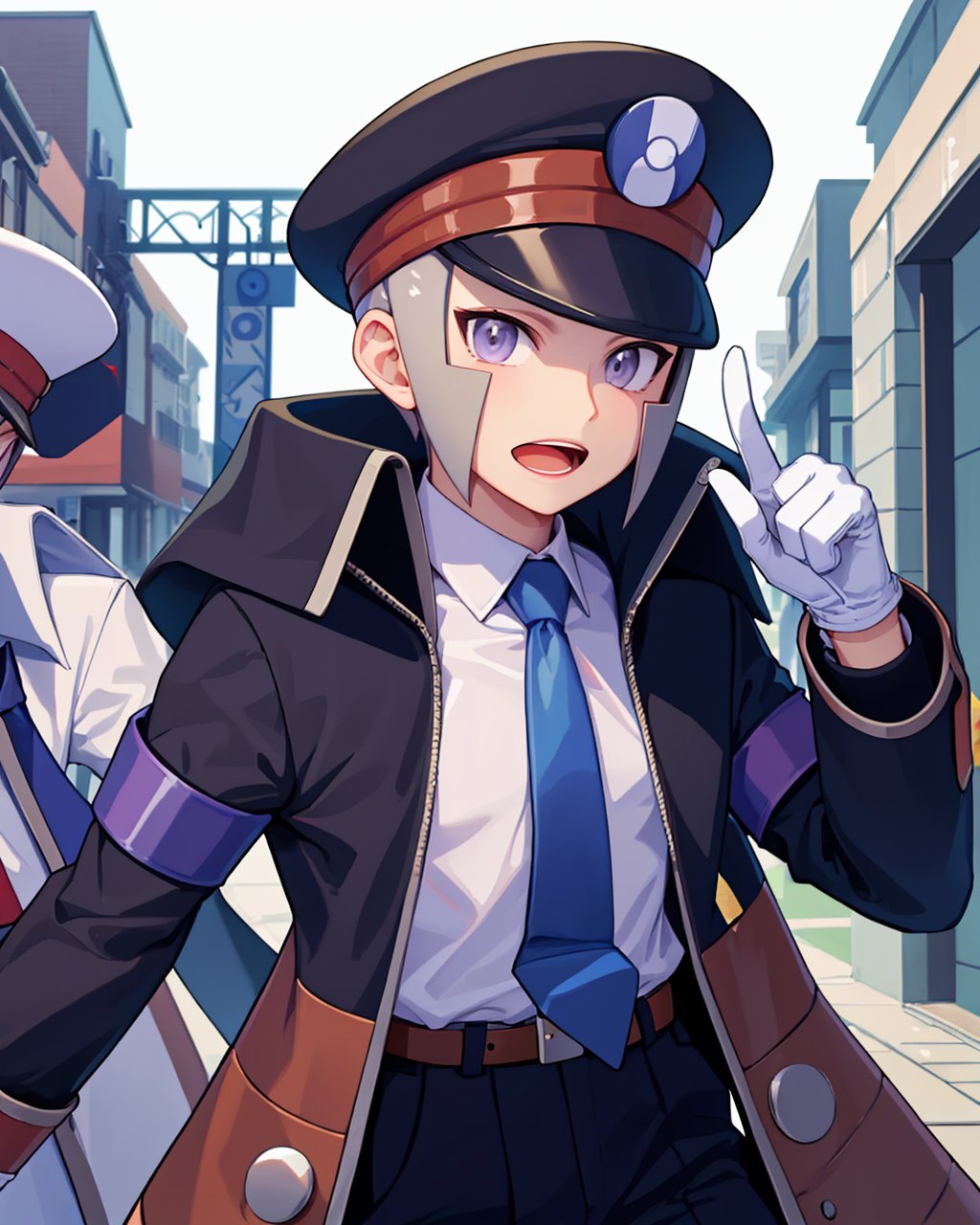 masterpiece,best quality, highly detailed, ingo (pokemon),1boy, male focus, solo, white shirt, black coat, white gloves, black headwear, collared shirt, black pants, hand on headwear, brown belt, trench coat, long sleeves, long sideburns, peaked cap, high collar, purple necktie, belt buckle, open mouth, dress shirt, pointing, open coat, looking at viewer, blue necktie,<lora:ingo_(pokemon):1>