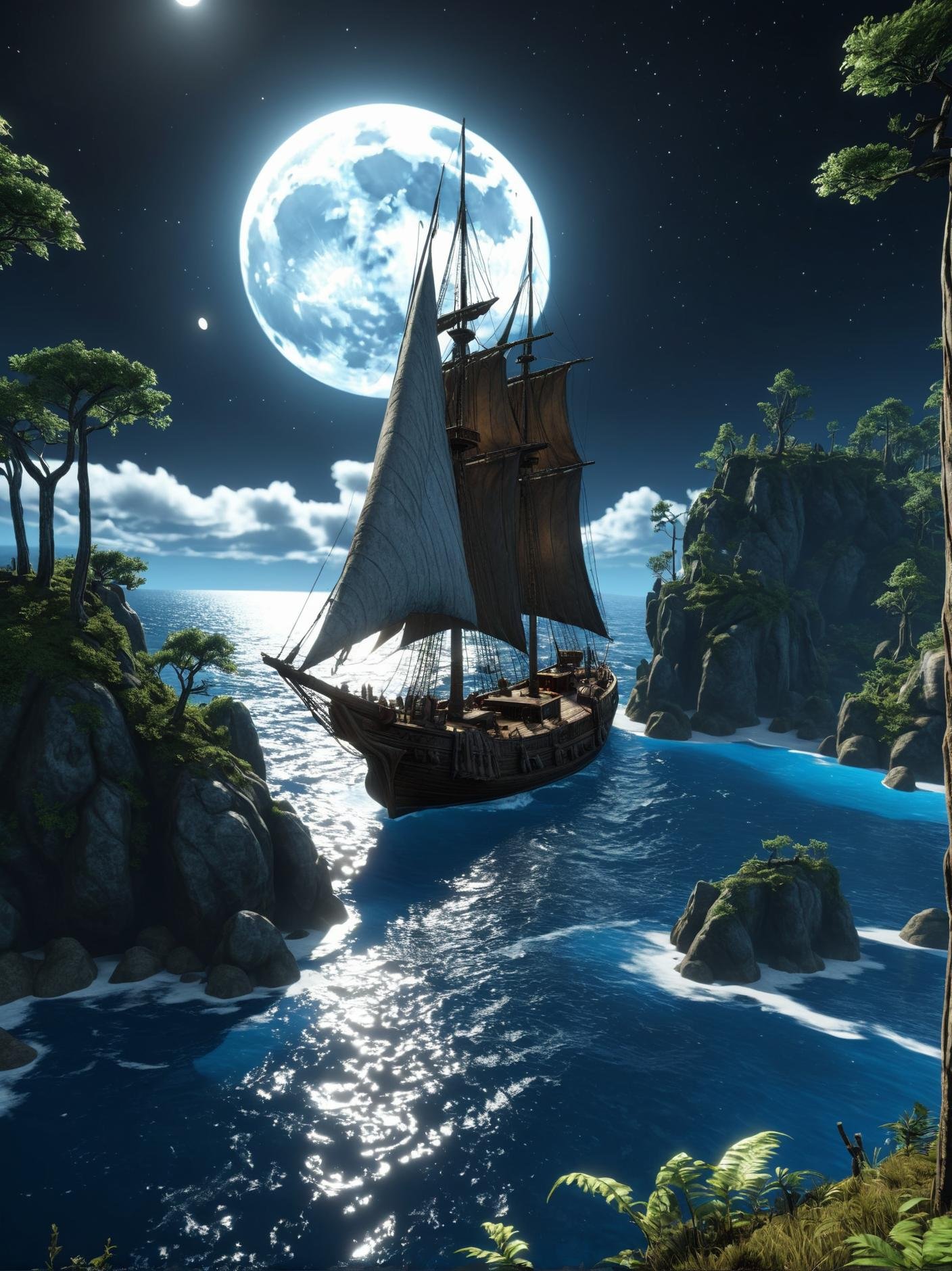 scenecore aesthetic arafed sailboat in the ocean with a moon in the sky, unreal engine fantasy art, beautiful retro art, fantasy forest landscape, cinematic silk road lanscape, [ trending on cgsociety ]!!, an amazing landscape image, iphone background, screenshot 4k, skyrim mod, summer unreal engine 5, bubbly scenery . alternative, neon, emo, highly detailed					