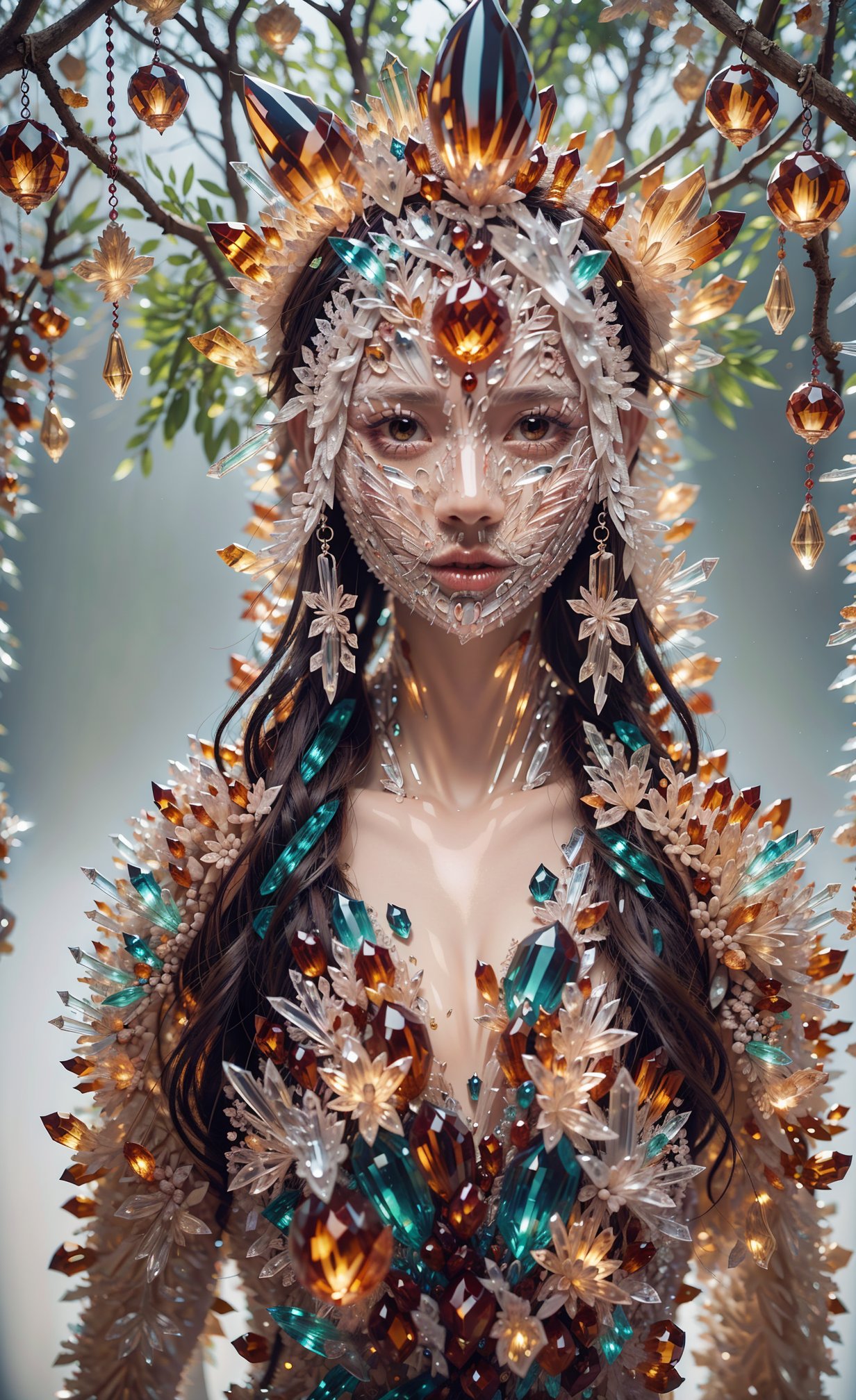 woman in a mythical forest,solo, masterpiece, perfect face,colorfulbackground,intricate details, horror theme