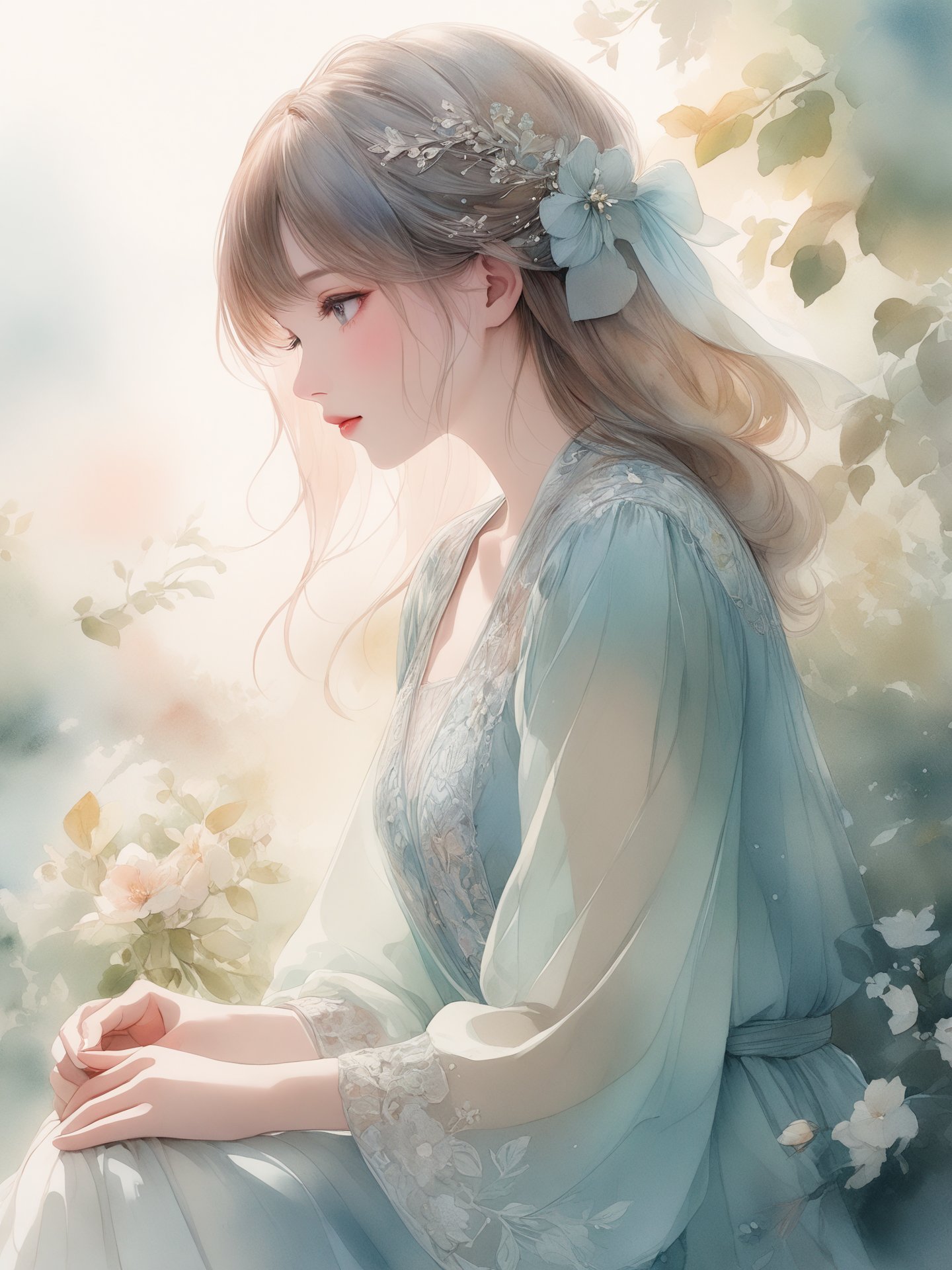 masterpiece, beautiful and aesthetic, ultra detail, intricate, 1girl, Watercolor, blended color, transparency, watercolor washes, translucent layers, delicate blending, subtle hues, poetic atmosphere