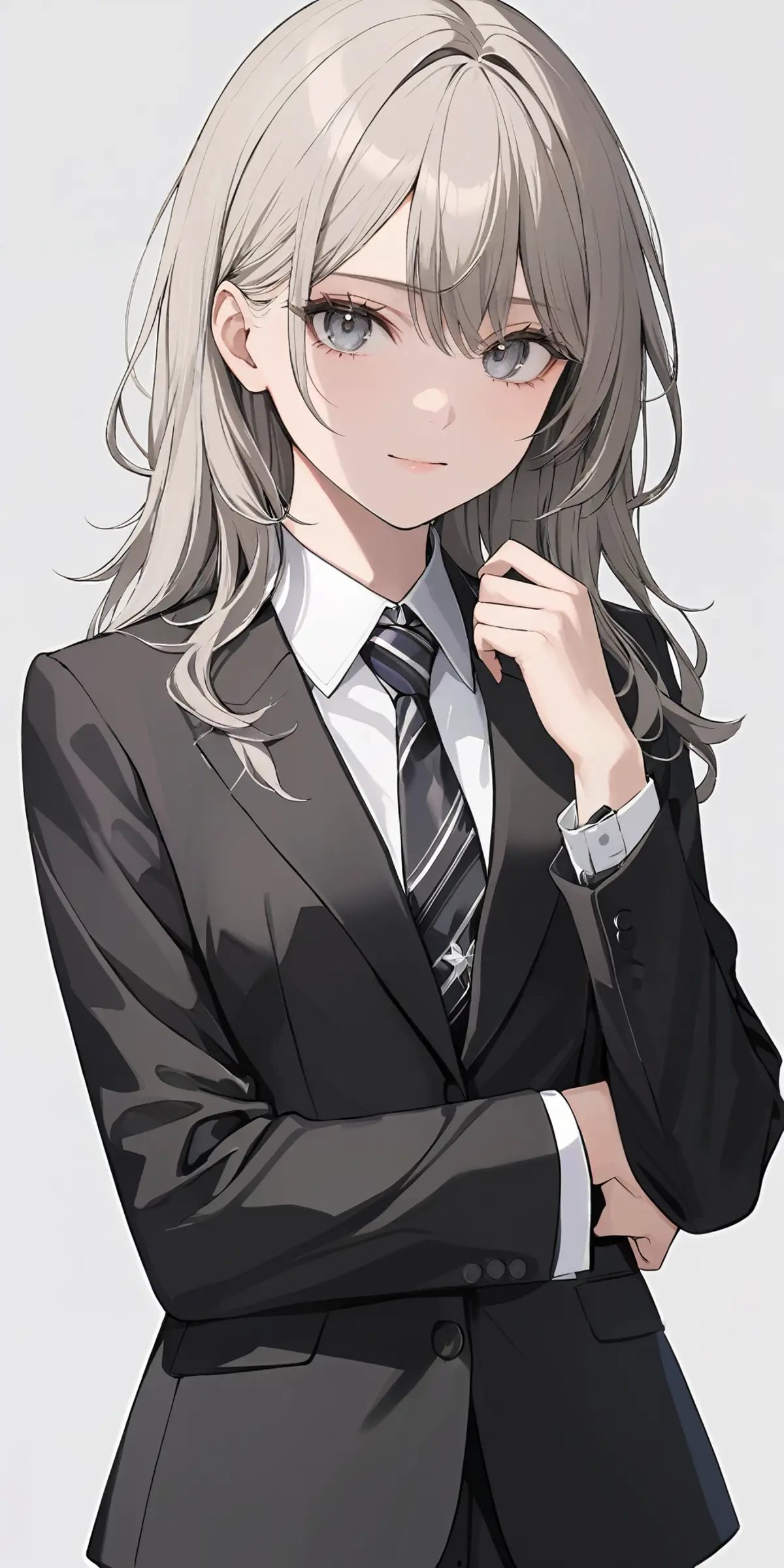 masterpiece,ultra-detailed,best quality,8K,illustration,cute face,clean skin ,shiny hair,girl,ultra-detailed-eyes,simple background, <lora:add-detail-xl:1>   <lora:suit pants_XL_V1.0:1> suit, necktie