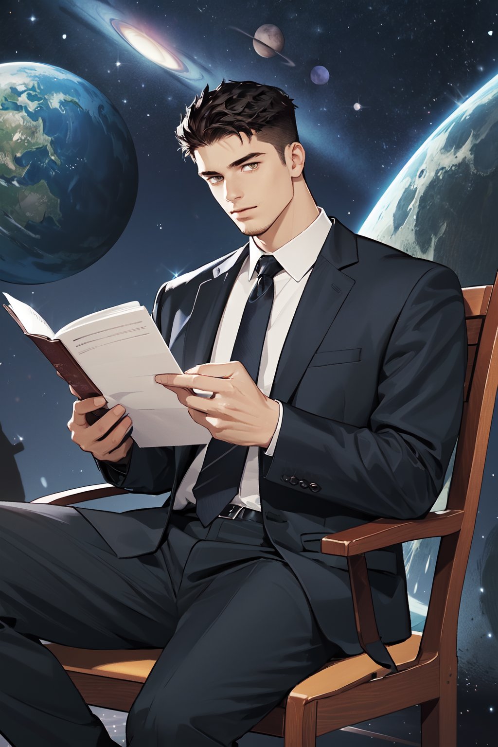 Draw a young programmer,sitting on a research platform floating in the middle of an asteroid belt. He is studying with a notebook,surrounded by several asteroids glowing with fiery auras. Dramatic lighting from distant stars and planets illuminates the scene,casting deep shadows on the suit. The young man looks confident and determined,looking at the vast and mysterious universe with wonder and respect,facial hair,cowboy shot,